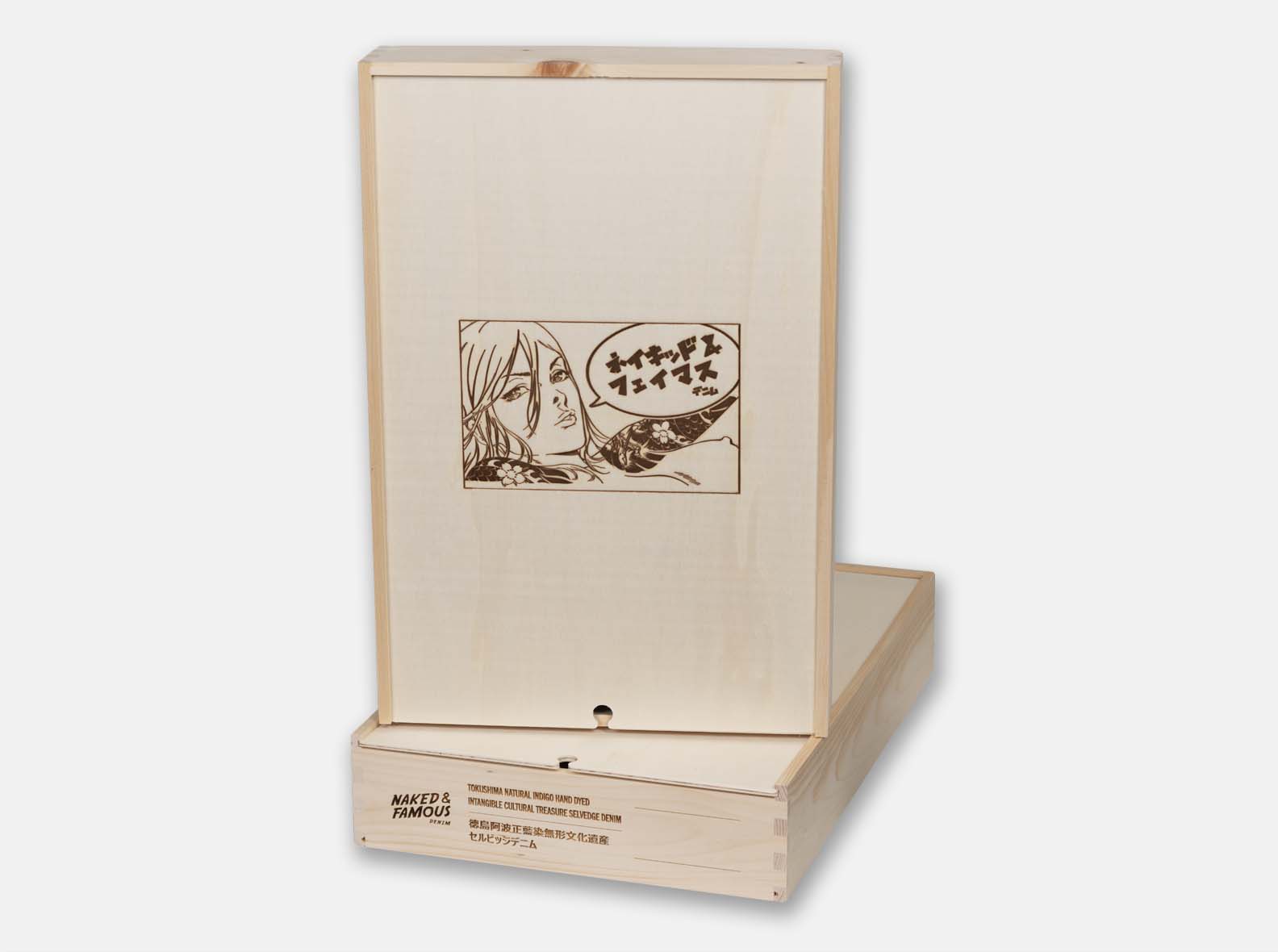 Wooden box with a sliding lid, laser engraved for Naked & Famous Denim.