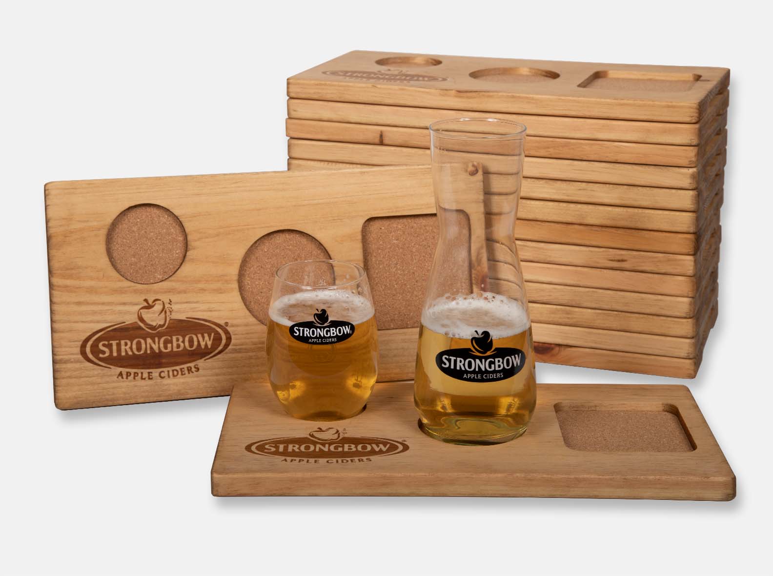 Wooden flight tray with cork inlay