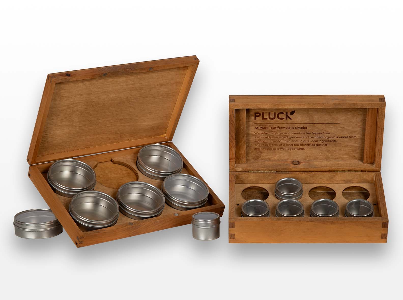 Hinged wooden tea presentation box with CNC cutouts, made for Pluck Tea.