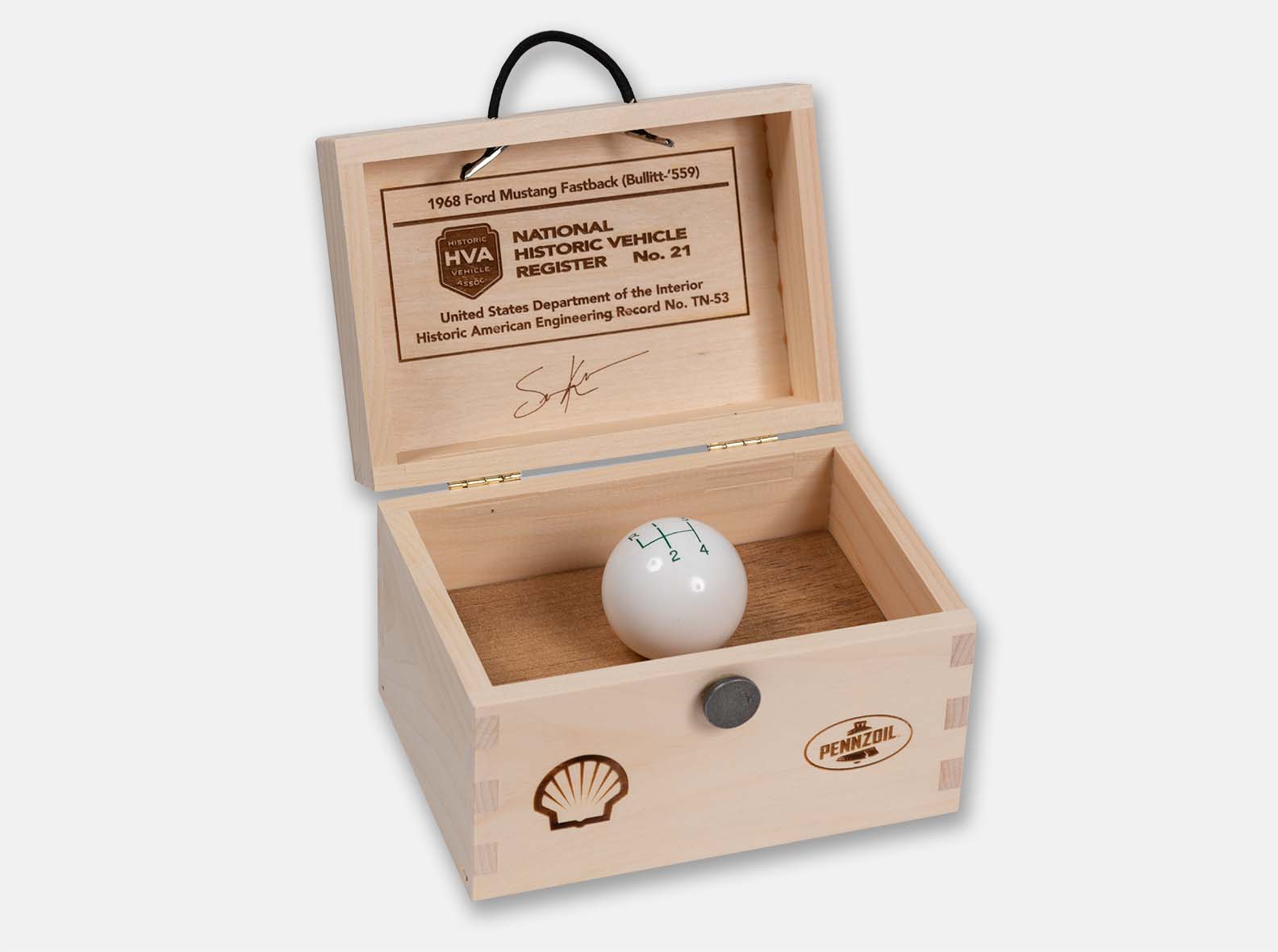Open wood box showing a custom-branded interior