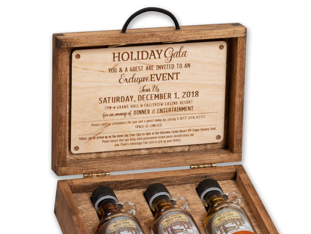 Laser-engraved wood box made for the Fallsview Gala invitation