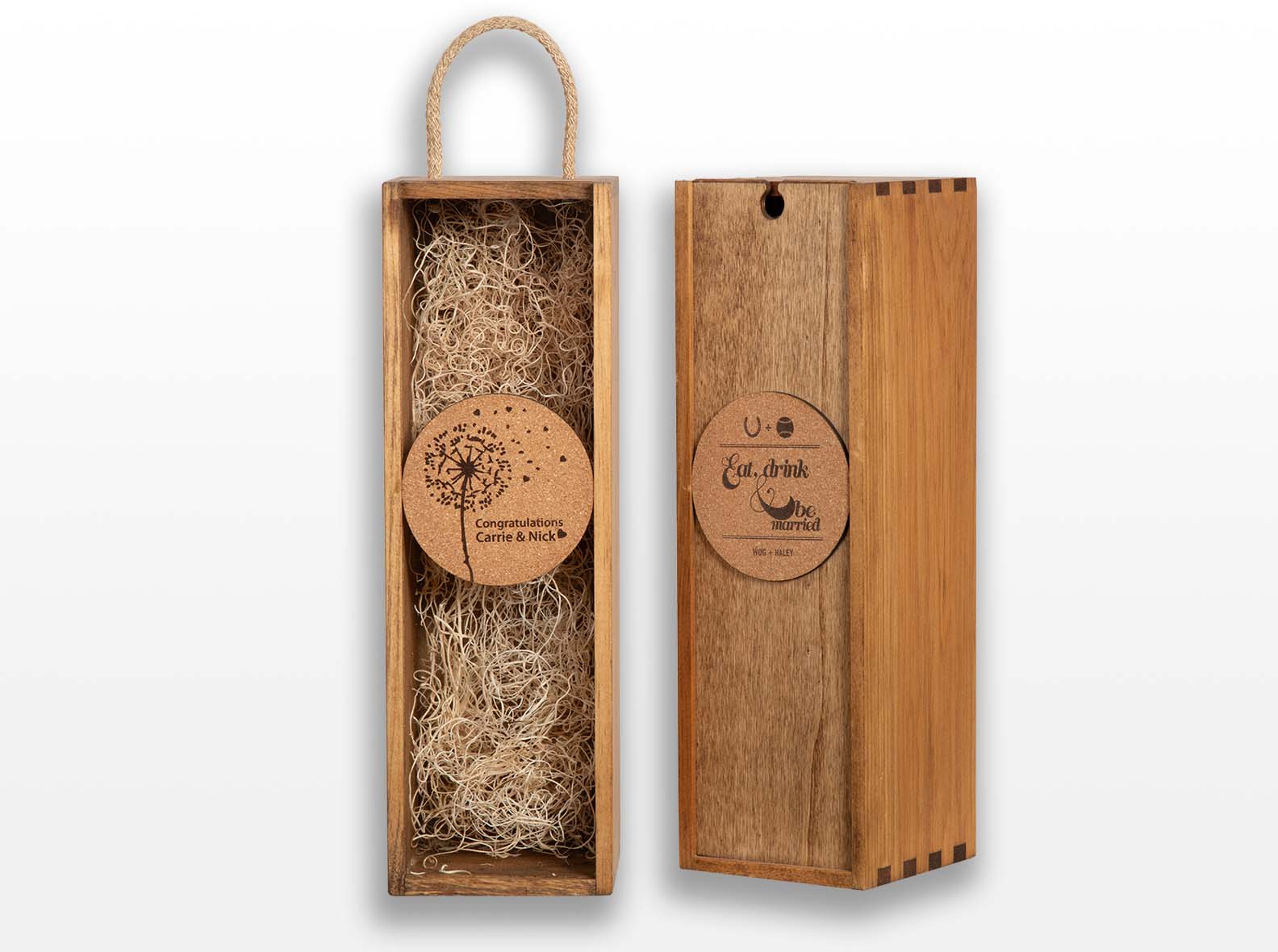 Acrylic and Cork Coaster lids for Events. Box joint construction. Made in Canada. Laser engraved artwork.
