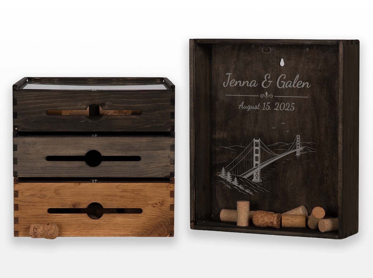 Pine gift box with engraved acrylic lid. Box joint construction. Used for envelopes and corks. Special occasions. Made by Quintessential Canada