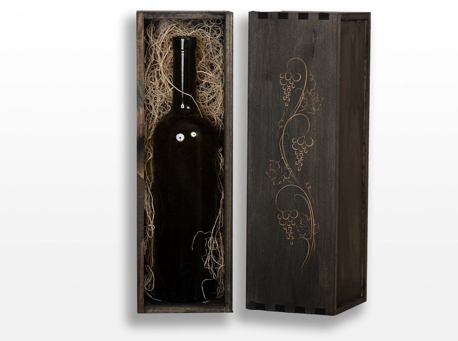 Wooden gift box with acrylic lid and laser engraving. Onyx stain with wood excelsior fill. Box joint construction. Made by Quintessential Canada Inc.