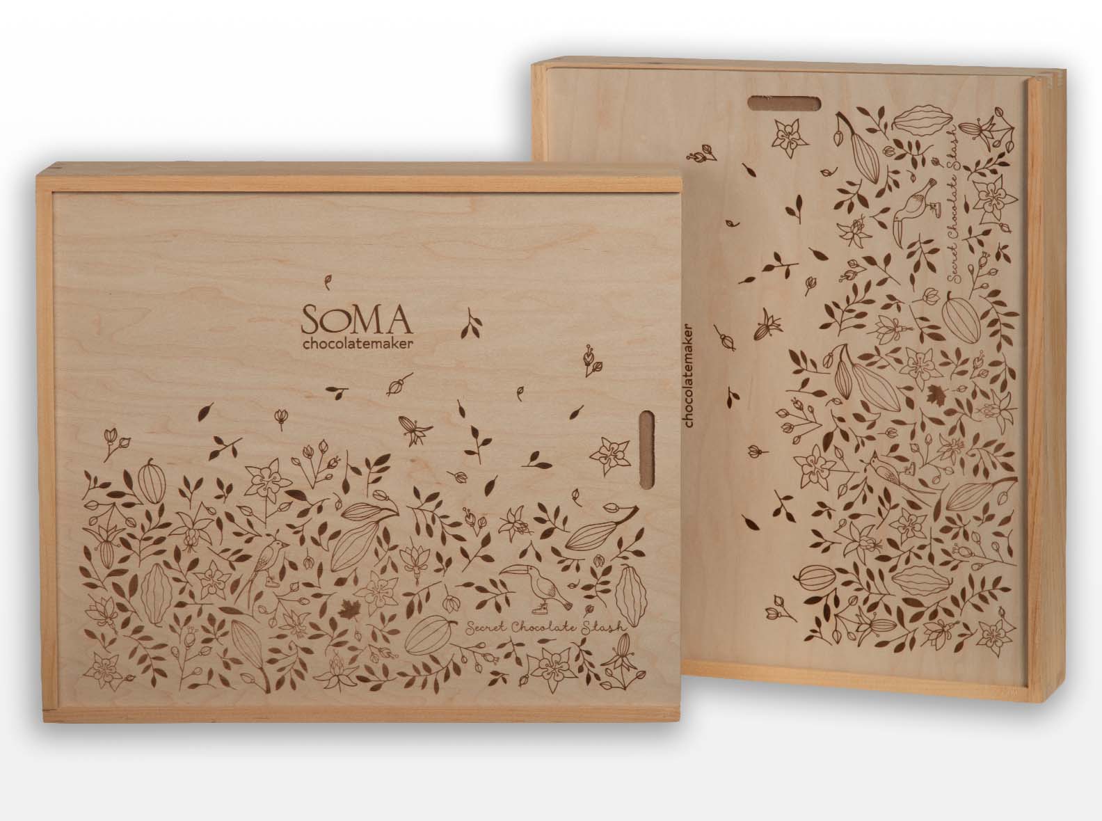 Custom wooden box with sliding lid and jute handle. Box joint construction with logo engraving. Made in Canada by Quintessential Canada Inc.